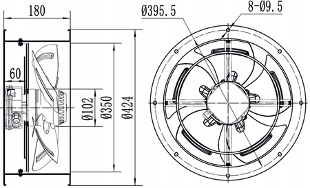 Průmyslový kanálový ventilátor fi 350 in. 2450m3/h YWF-4E-350B-102/34-T